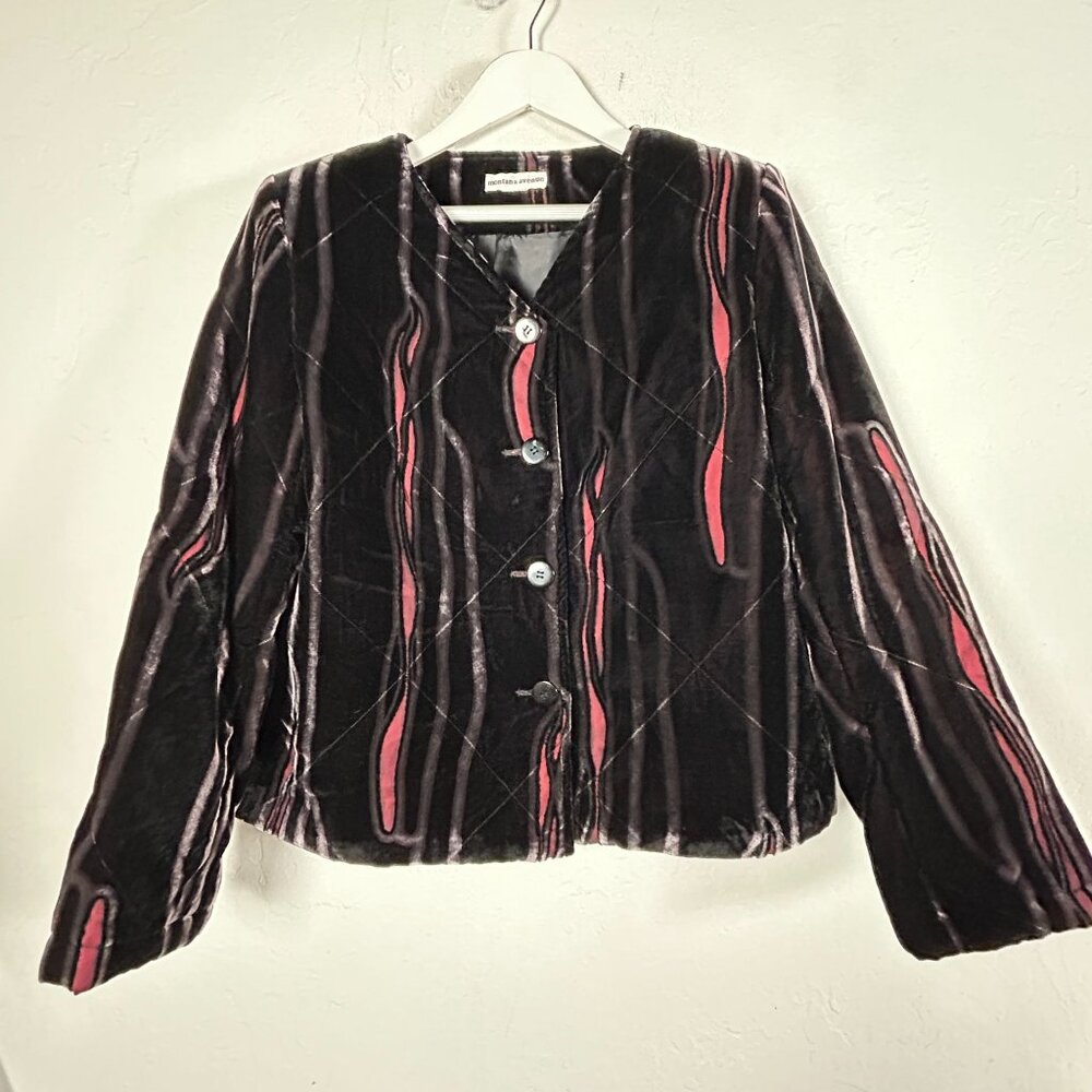 Montana Avenue Womens Velvet Quilted Jacket Abstract Black Red Button-Front Coat